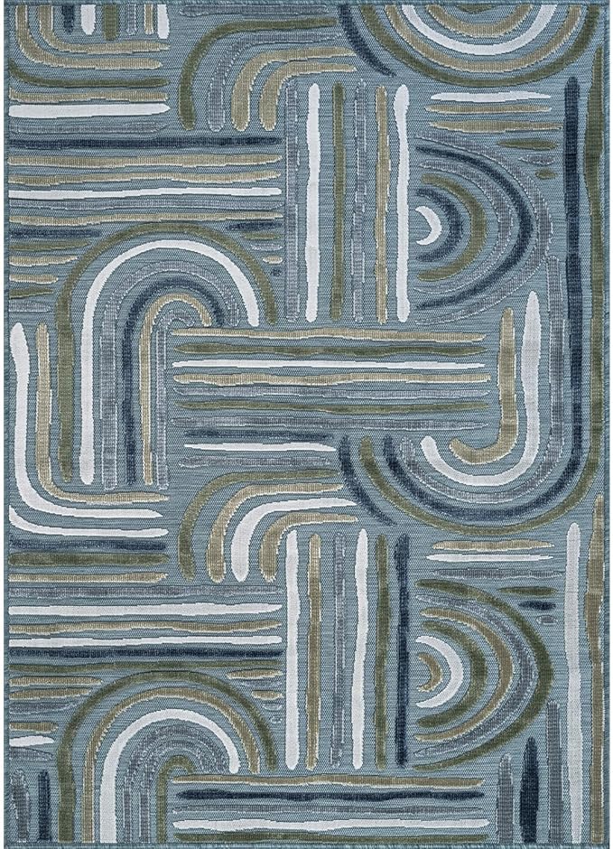 CAMILSON Indoor Outdoor Rug, Aqua 9x12 Geometric Arch Striped Large Area Rugs for Patio and Home Areas, Easy-Cleaning Non-Shedding Living Room, Garden and Deck Washable Outside Carpet (9 x 12)