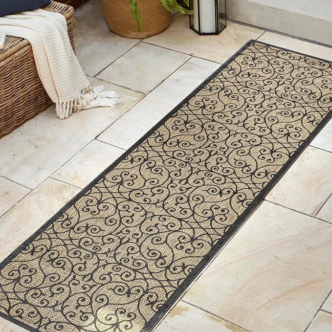 JONATHAN Y Vintage Filigree Indoor Outdoor Runner Rug 2X8 Black/Khaki, Madrid Textured Weave for Backyard, Patio, Porch, Easy-Cleaning, High Traffic, Pet-Friendly, Non-Shedding (SMB107A-28)