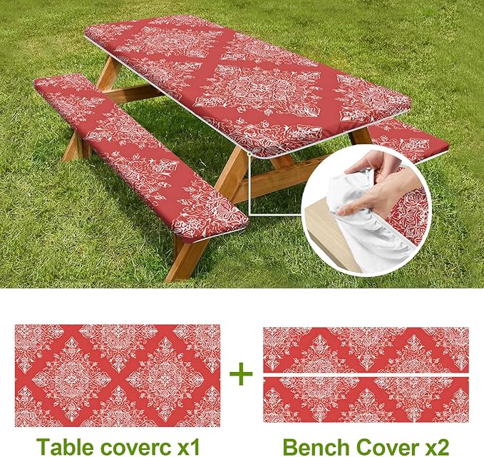Picnic Table Cover with Bench Covers Set of 3 - Red Ethnic Symmetrical Bohemian Medallion Pattern, Elastic Fitted Tablecloth for 6 Ft Tables, Washable Polyester Cover for Patio, Indoor & Outdoor