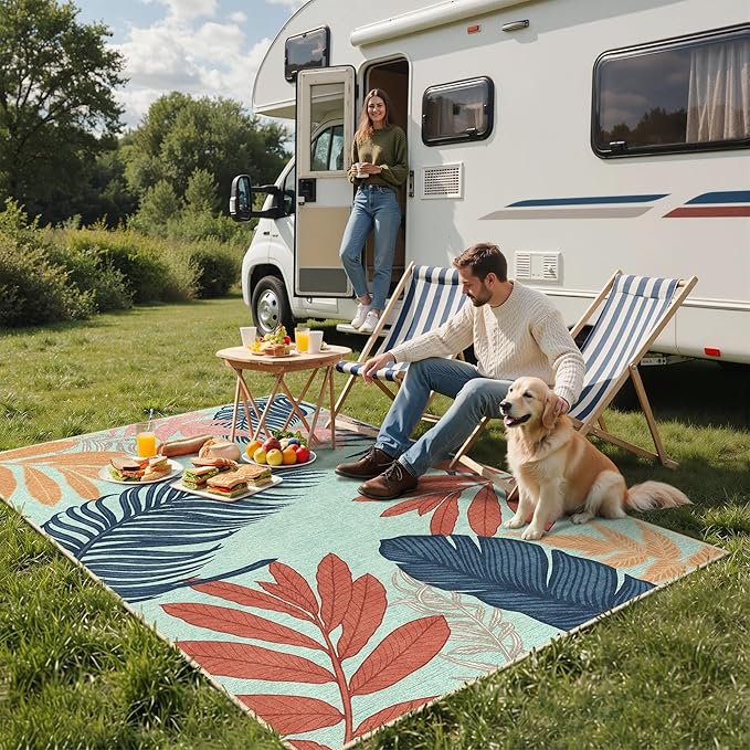 GENIMO Outdoor & Indoor Area Rug 5'x8', Waterproof, Non-Shedding, Easy Cleaning, Leaf Mat for Patio, Living Room, Balcony, Dining Room, RV, Deck, Bedroom, Camping, Outside Carpet, Blue Paint