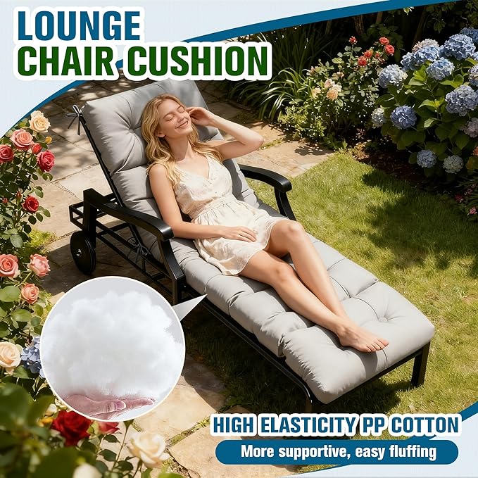 MTMR Chaise Lounge Cushion Outdoor, Non-Slip Chair Cushion for Patio Furniture, Waterproof Outdoor Replacement Seat Pad for Pool Lawn Wicker Couch Bench Loveseat, Long Thick Lounge Cushion, Grey