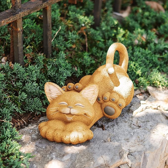 JFSM INC. 12" Whimsical Lounging Orange Cat Garden Statue - Indoor Outdoor Relaxed Zen Cat Sculpture - Garden Decorations for Patio Yard Lawn Porch