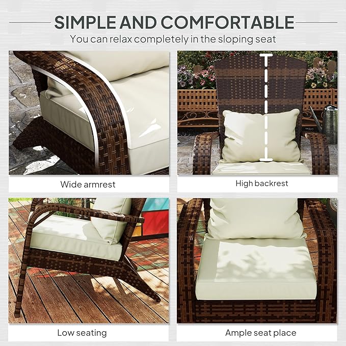 Outsunny Patio Wicker Adirondack Chair, Outdoor All-Weather Rattan Fire Pit Chair with Soft Cushions, Tall Curved Backrest and Comfortable Armrests for Deck or Garden, Mixed Brown/Cream White