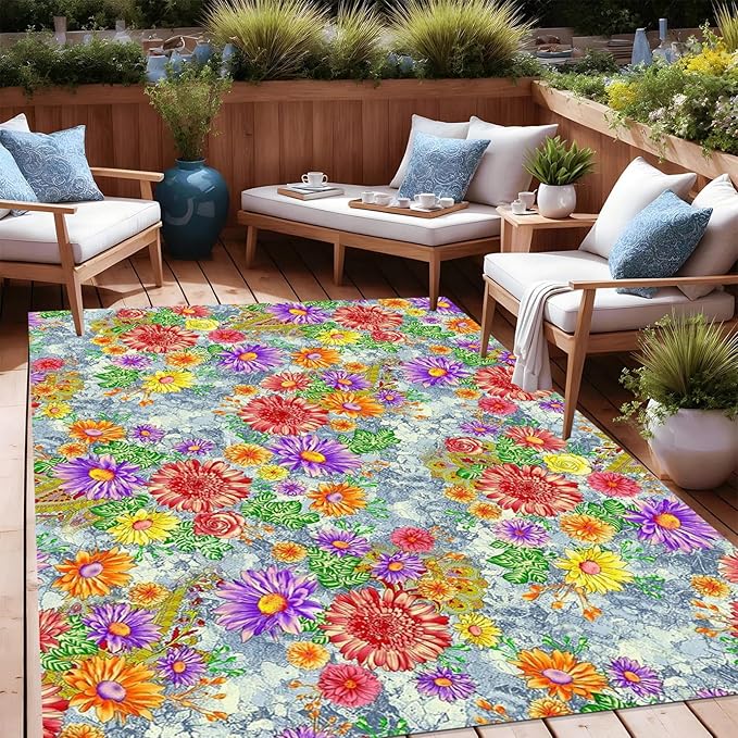 Red Yellow Art Deco Floral Flower Pattern Modern Outdoor Rug 9x12 Waterproof Washable Boho Patio Deck Porch Large Area Rug Non Slip Cute Outside Carpet for Garden Camping Backyard