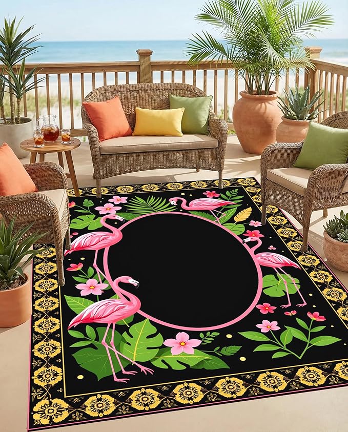 9x12 Black Gold Pink Green Luxury Tropical Floral Outdoor Patio Rug with Flamingo Flower Monstera Print 3D Border Washable Waterproof Outside Carpet for Deck Balcony Porch Garden Pool RV Camping