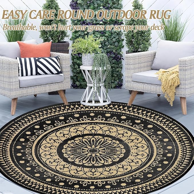 Cekene Round Outdoor Rugs Waterproof 6Ft Reversible Outdoor Patio Rugs Portable RV Camping Mats Lightweight Plastic Straw Rugs Outdoor Area Rug for Patio Picnic Beach BBQ, Black/Camel