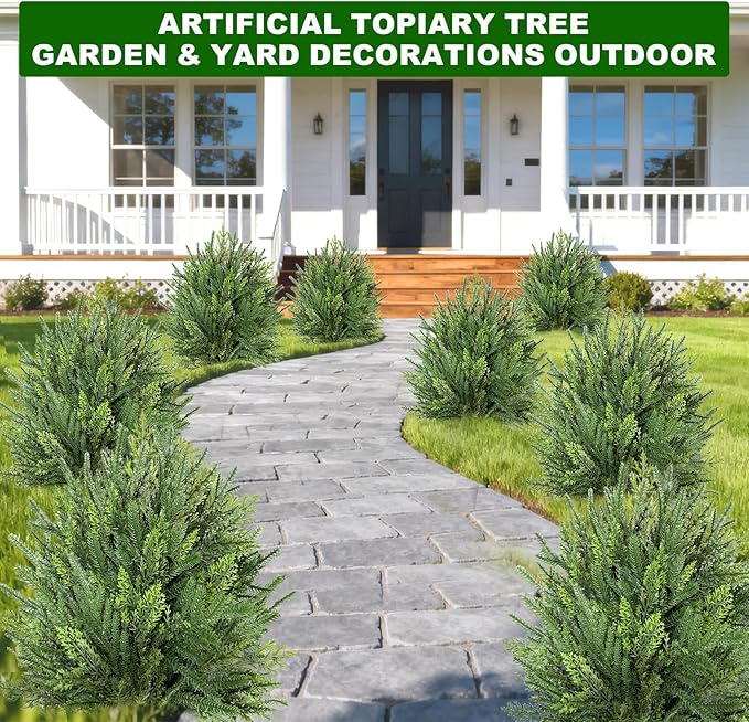 2 Pack Artificial Cypress Topiary Ball Trees with Ground Spike, 24" Norfolk Fake Bushes Shrubs UV Resistant Faux Plants Greenery for Outdoor Planters Garden Front Porch Pot Urn Fillers Spring Decor