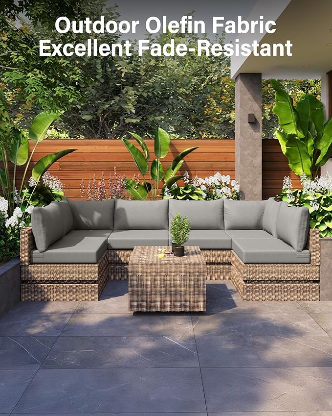 YEFU Outdoor Cushions for Patio Furniture: Replacement Cushions for Outdoor Furniture - Waterproof Couch Cushion - Fade-Resistant/Easy Clean - 14 Piece Sectional Cushion - Nonslip/Storage Bag/Grey