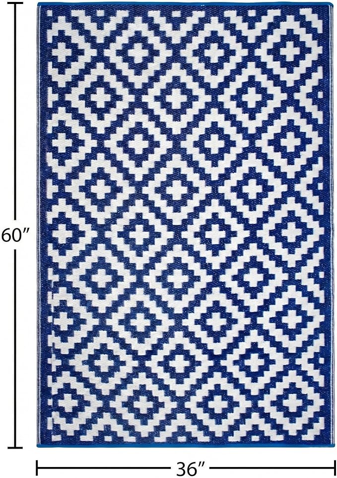 FH Home Outdoor Rug - Waterproof, Fade Resistant, Reversible - Premium Recycled Plastic - Geometric - Porch, Deck, Balcony, Mudroom, Laundry Room, Patio - Aztec - Blue & White Crease Free - 3 x 5 ft