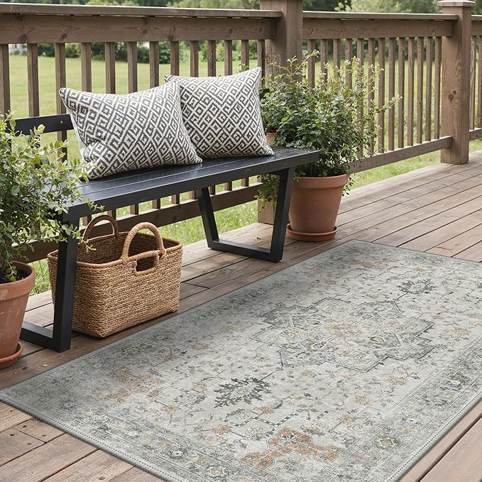 GENIMO Outdoor & Indoor Area Rug 3'x 5', Waterproof, Non-Shedding, Easy Cleaning, Boho Mat for Patio, Living Room, Balcony, Dining Room, RV, Deck, Bedroom, Camping, Outside Carpet,Light Grey Brown