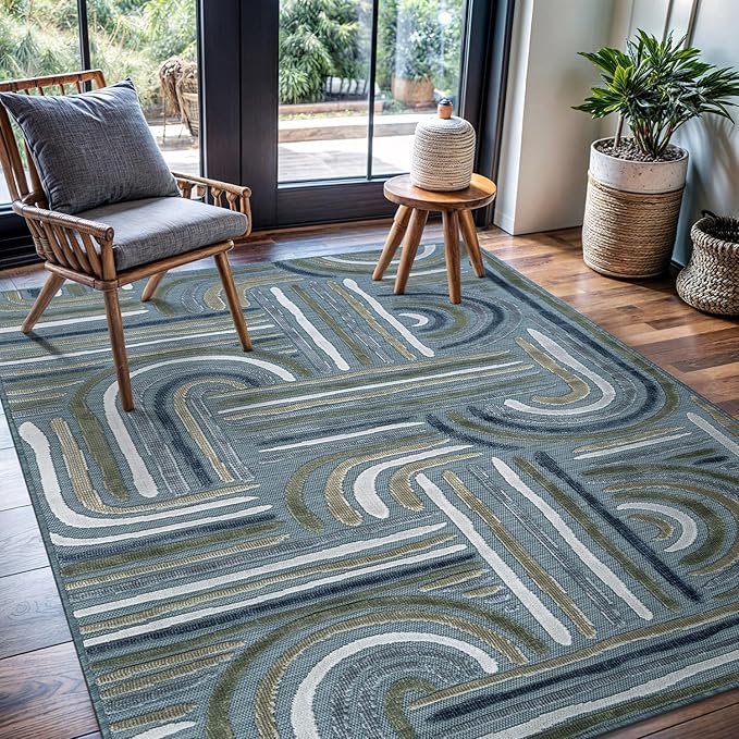 CAMILSON Indoor Outdoor Rug, Aqua 5x7 Geometric Arch Striped Area Rugs for Patio and Home Areas, Easy-Cleaning Non-Shedding Living Room, Garden and Deck Washable Outside Carpet (5 x 7)