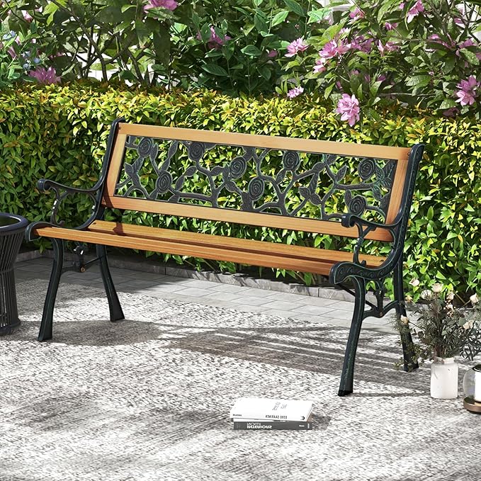 Tangkula Outdoor Garden Bench Park Bench, Patio Iron Bench Chair with Cast Iron & Hardwood Structure, Weather Proof Porch Loveseat, Perfect for Backyard, Deck, Lawn, Poolside