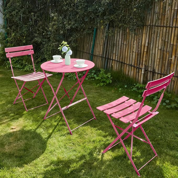 3 Piece Bistro Set, Folding Patio Furniture Set, Outdoor Table and Chairs Set for Patio, Garden, Balcony and Poolside, Rose Red