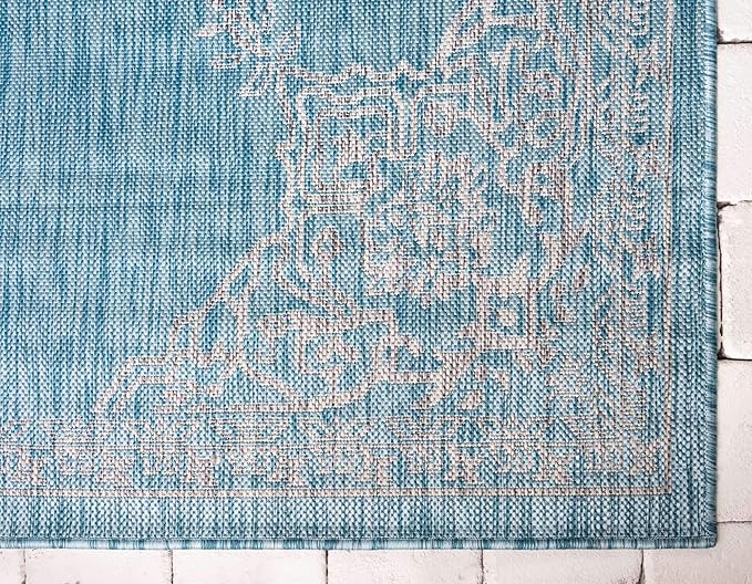 Unique Loom Outdoor Traditional Collection Area Rug - Antique (9' x 12' Rectangle, Light Aqua/ Gray)