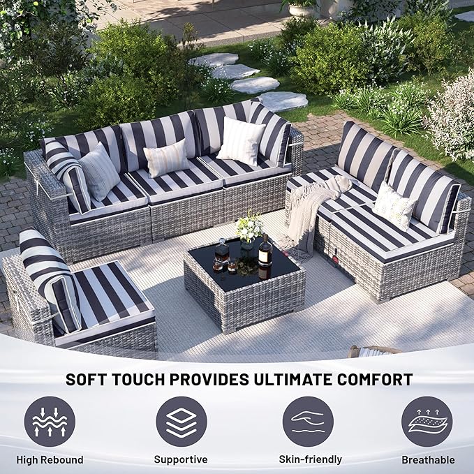14 Piece Outdoor Sectional Cushions, Water-Resistant Outdoor Sofa Cushions Replacement, 4" High Density Foam Patio Furniture Cushions Fits 6-seat Rattan Conversation Set (Navy Blue White Stripes)