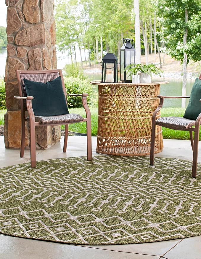Unique Loom Outdoor Trellis Collection Area Rug - Tribal Trellis (5' 3" Round, Green/ Natural)