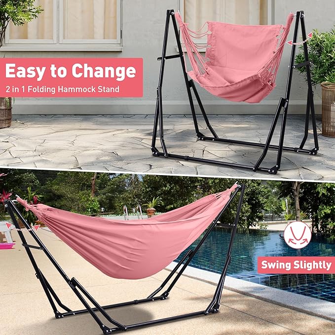 Ainfox Hammock with Foldable Stand, 2 in 1 Hammock and Swinging Chair with Carrying Bag, Portable Camping Chair Suitable for Outside, Swing,Patio,Garden,Camping Trip Pink