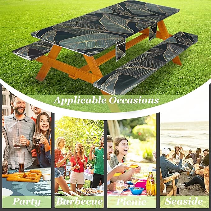 Picnic Table Cover with Bench Covers Vinyl Elastic Edges Fitted Rectangle Seat Tables Waterproof 3-Piece96X30in Set Outdoor Rectangular Folding Backing Tablecloth for Camping Over Size