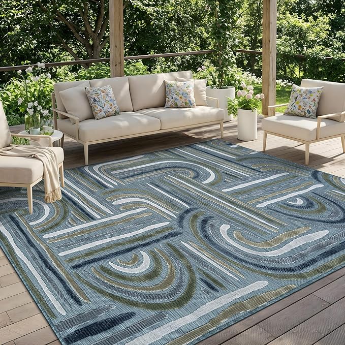 CAMILSON Indoor Outdoor Rug, Aqua 9x12 Geometric Arch Striped Large Area Rugs for Patio and Home Areas, Easy-Cleaning Non-Shedding Living Room, Garden and Deck Washable Outside Carpet (9 x 12)