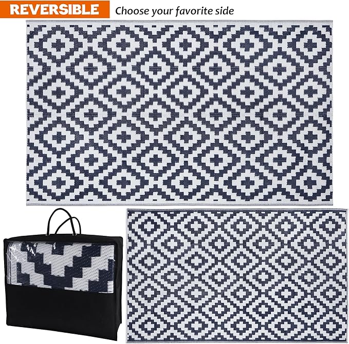 SAND MINE Reversible Mats, Plastic Straw Rug, Modern Area Rug, Large Floor Mat and Rug for Outdoors, RV, Patio, Backyard, Deck, Picnic, Beach, Trailer, Camping, Dark Blue & White, 5' x 8'