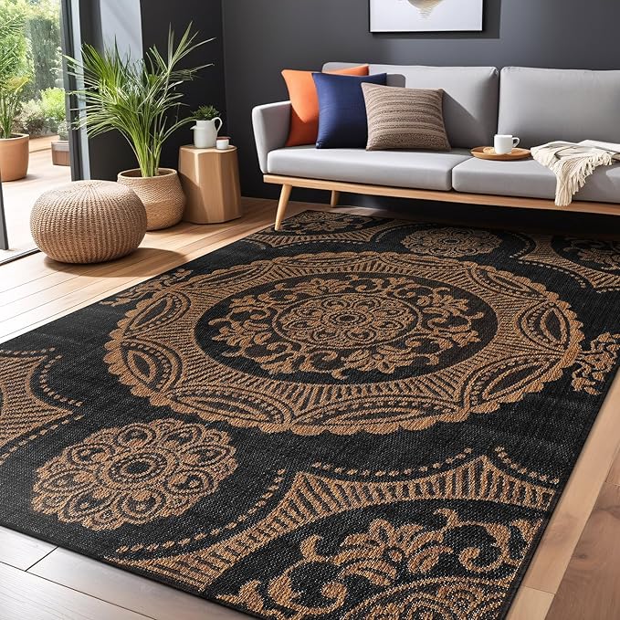Medallion Outdoor Rug 10x14 Washable Outside Carpet for Indoor Patio Porch Waterproof Easy Cleaning Non Shedding Area Rugs Nut Brown 10 x 14