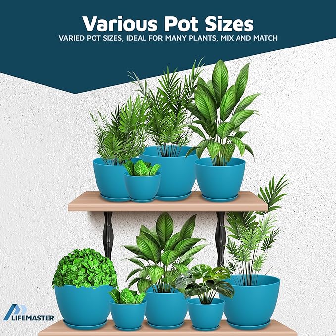 Blue Plant Pots with Drainage Holes & Saucers 10 Pack, Indoor & Outdoor Stackable Space-Saving Planters for Houseplants & Flowers, (7", 6.7", 6", 5.3", and 4.8" Inches), Durable & Weatherproof