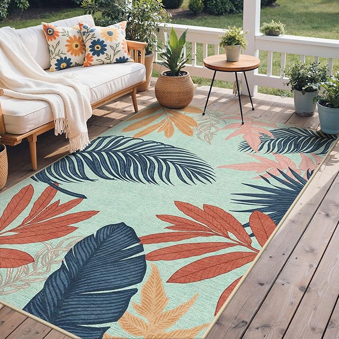 GENIMO Outdoor & Indoor Area Rug 5'x8', Waterproof, Non-Shedding, Easy Cleaning, Leaf Mat for Patio, Living Room, Balcony, Dining Room, RV, Deck, Bedroom, Camping, Outside Carpet, Blue Paint