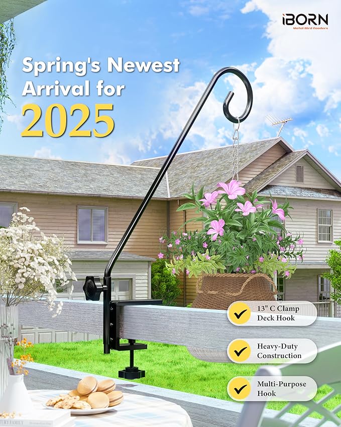 iBorn Deck Hook for Bird Feeder 13 Inch Hummingbird Feeder Hanger for Railing, Heavy Duty Deck Hanger for Planters, Suet Baskets, Lanterns, Wind Chimes, 360 Degree Swivel, Solid Wire, 2 Pack