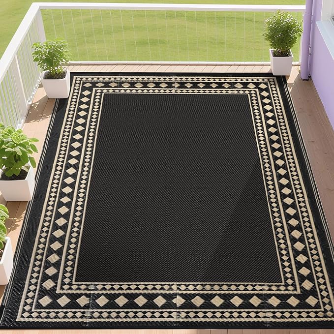 RURALITY Outdoor Rugs 8x10 Waterproof for Patios Clearance,Plastic Straw Mats for Backyard,Porch,Deck,Balcony,Black and Beige