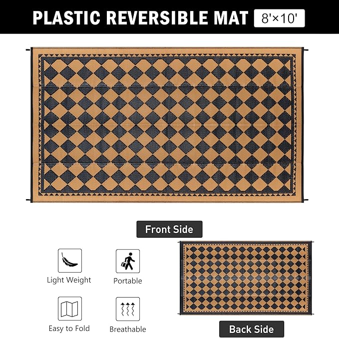 HUGEAR Outdoor Waterproof Rug 8'x10' Plastic Straw Rugs Washable Reversible Floor Mat Brown Plaid Carpet for Camping RV Deck Entryance Porch Picnic Balcony Beach Backyard