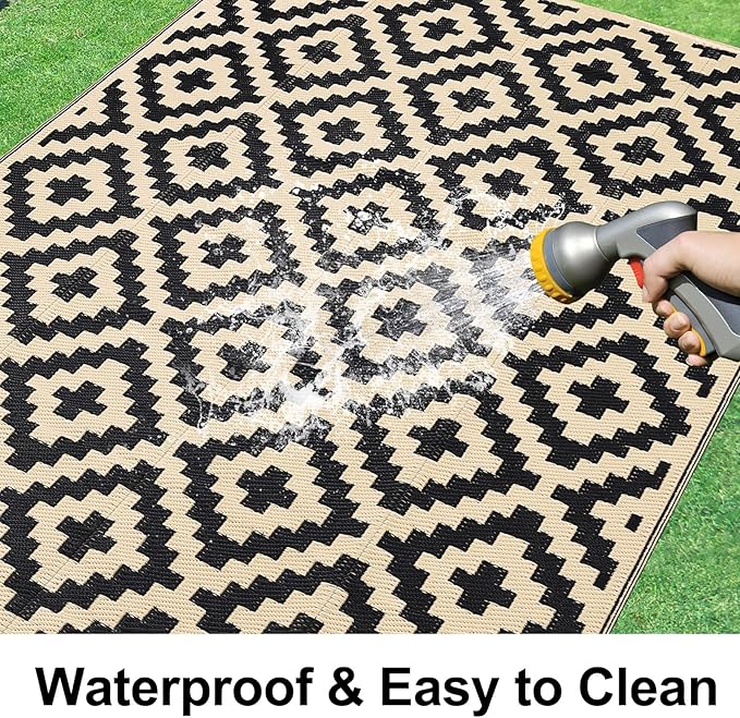 Smiry Waterproof Outdoor Rug 9X18 ft, Reversible Plastic Straw Patio Camping Rugs, Outdoor Indoor RV Mat Carpet for Patio, Outside Entry, Backyard, Deck, Bench, Picnic, Camper, Black & Beige