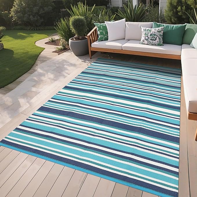 Waterproof Plastic Straw Outdoor Rug 9x18 Patio Reversible UV Resistant Foldable Camping Carpet Colorful Line Large Outdoor Rugs for Deck, Picnic, Porch, Camper, Balcony, Beach，Blue