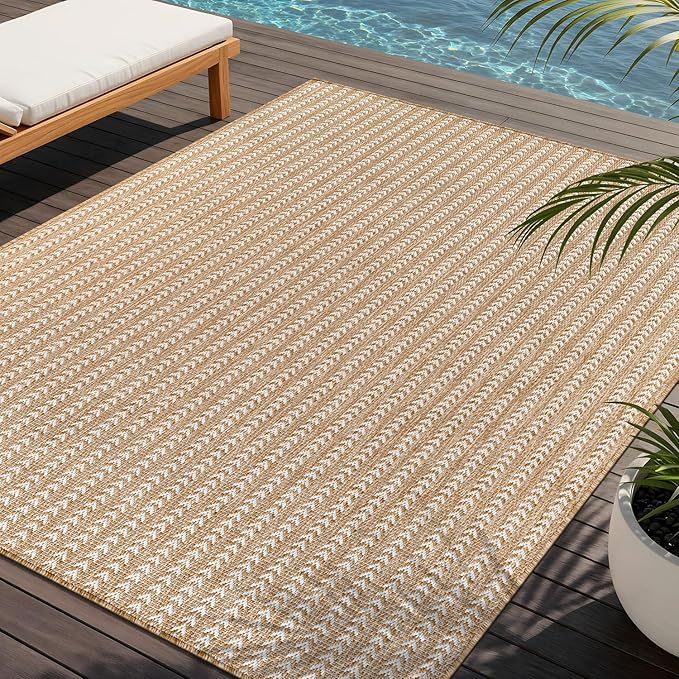 Washable Outdoor Rug 8x10 Modern Area Rugs Outdoor Carpets Striped Pattern Non Shedding Waterproof Easy Clean Patio Deck Porch Living Room Bedroom Garden RV (8 X 10 Natural)
