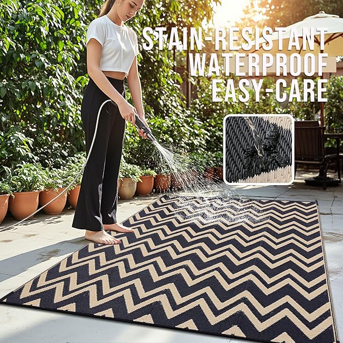 OLANLY Waterproof Outdoor Rug 6x9 ft Clearance, Reversible Outdoor Plastic Straw Rug, RV Mat, Indoor Outdoor Carpet for Patio, Camping, Balcony, Deck, Backyard, Black & Beige