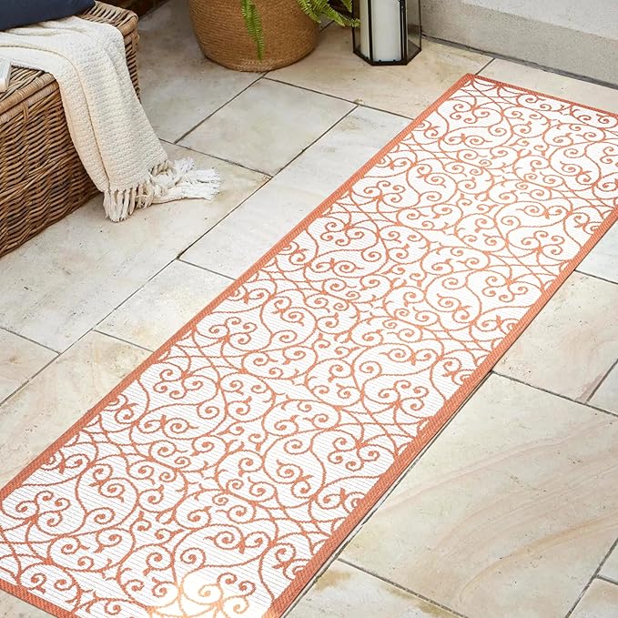JONATHAN Y Vintage Filigree Indoor Outdoor Runner Rug 2X8 Cream/Orange, Madrid Textured Weave for Backyard, Patio, Porch, Easy-Cleaning, High Traffic, Pet-Friendly, Non-Shedding (SMB107L-28)