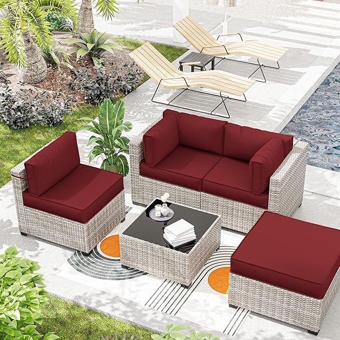 Outdoor Cushions for Patio Furniture with 5 Pillows, Waterproof Patio Furniture Cushions Replacement, 4" Deep Seat Outdoor Sectional Cushions for 4-seat Patio Furniture Chair Sofa Couch,Burgundy