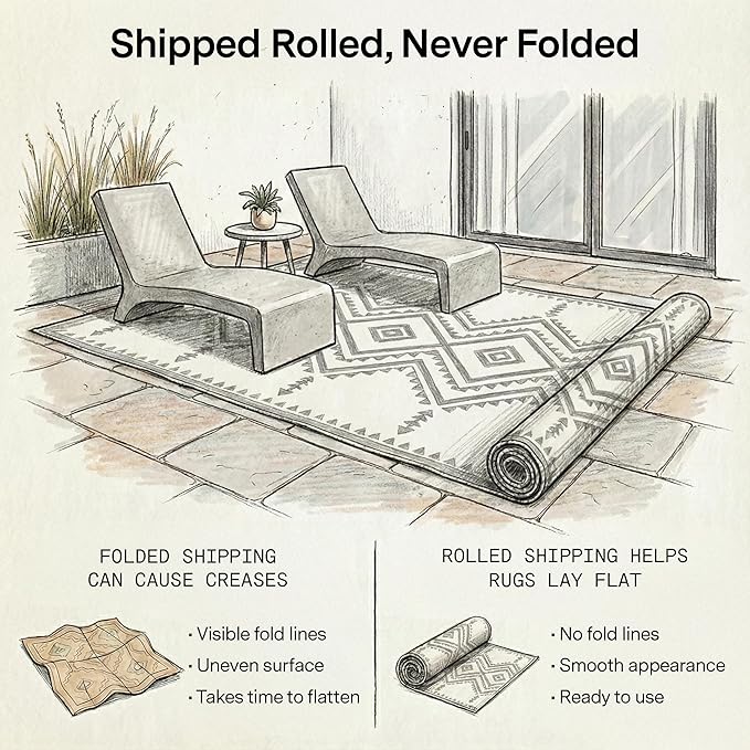 Fab Habitat Aztec Outdoor Rug - Waterproof, Fade Resistant, Crease-Free - Premium Recycled Plastic - Striped - Patio, Porch, Deck, Balcony - Ojai - Beige - 5 x 8 ft