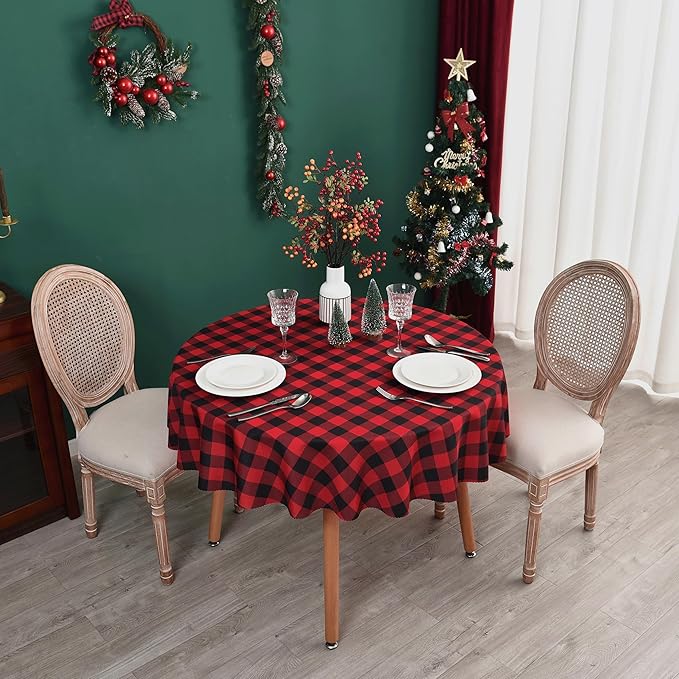 Waterproof Plaid Tablecloth Fabric - Round 90 Inch Classic Gingham Checker Table Cloth for Indoor/Outdoor Use - Buffalo Table Cover for Picnics, BBQs, and Parties