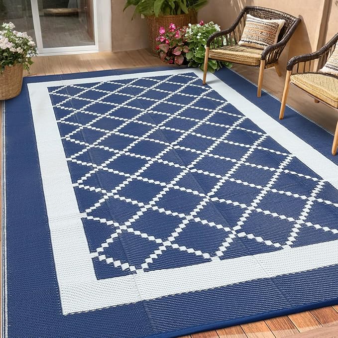 Waterproof Outdoor Rug 8x10 Reversible Plastic Straw Rug Modern Geometric Large Floor Carpet Lightweight Foldable Camping Mat for Outdoors RV Patio Backyard Picnic Blue/White