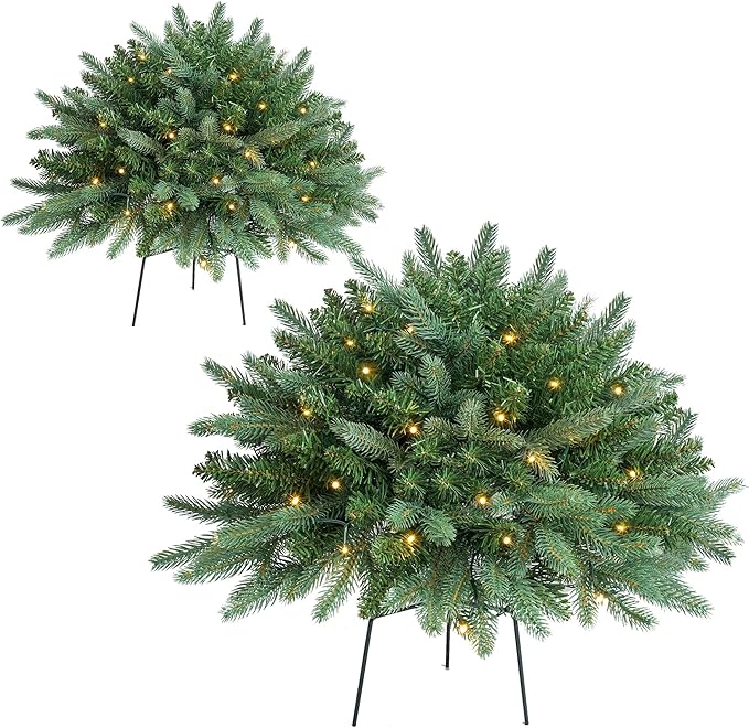 Christmas Planter Filler Tree Outdoor Prelit 2 Pack, 24" Urn Fillers for Porch Planters Pathway Battery Operated Light, Xmas Greenery Outside Decorations