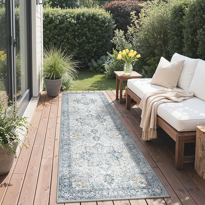 GENIMO Outdoor & Indoor Runner Rug 2.5'x8', Waterproof, Non-Shedding, Easy Cleaning, Boho Mat for Patio, Kitchen, Balcony, Bath Room, Deck, Bedroom, Camping, Outside Carpet,Blue