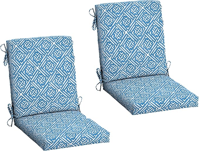 Arden 2-Pack Outdoor Patio Dining Chair Cushion, 20x44, Rain-Proof Seat Pad, Fade-Resistant Outdoor Cushion Amalfi Blue Tile