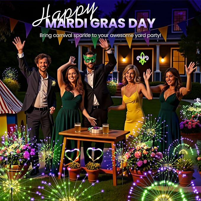 Mardi Gras Solar Lights Outdoor, 4 Pack Solar Garden Lights Outside Fairy Firework Decorative,Solar Powered for Mardi Gras,Yard Pathway Party Balcony Patio Decor (Purple, Green, Yellow)