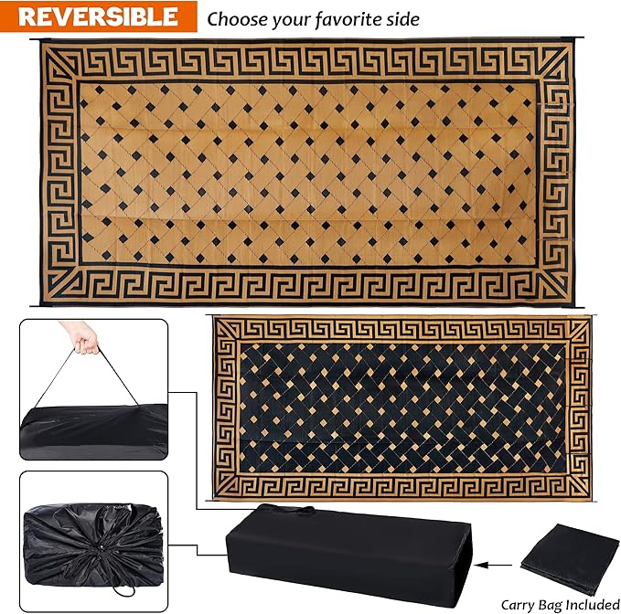 SAND MINE Reversible Mats, Plastic Straw Rug, Modern Area Rug, Large Floor Mat and Rug for Outdoors, RV, Patio, Backyard, Deck, Picnic, Beach, Trailer, Camping (9' x 18', Brown & Black)
