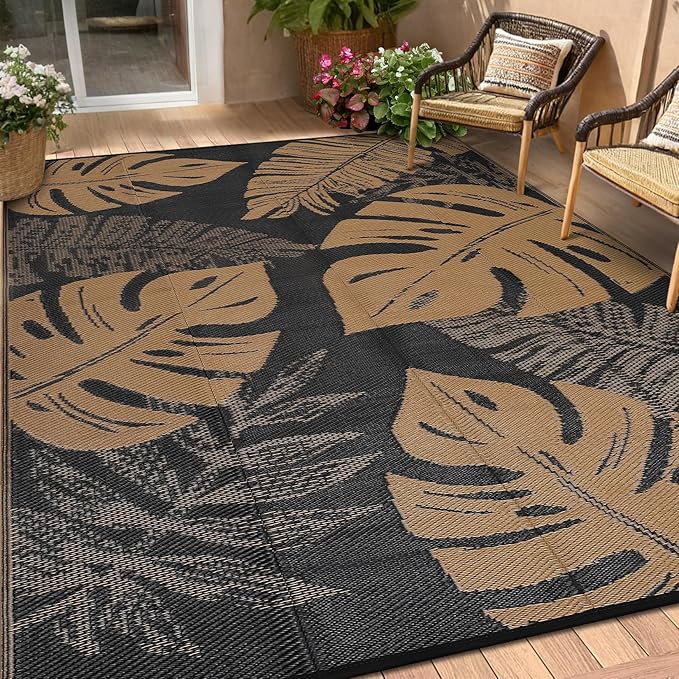 Waterproof Plastic Straw Outdoor Rug 9x18 Patio Reversible UV Resistant Foldable Camping Carpet Modern Leaf Print Large Outdoor Rugs for Deck, Porch, Camper, Balcony, Beach，Black/Brown