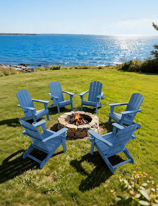 Folding Adirondack Chair Set of 6, Wooden Textured Plastic Adirondack Chairs with 2 Cup Holder, Weather Resistant HDPE Fire Pit Chair, Outdoor Patio Chairs for Garden, Backyard, Lawn, Deck, Blue