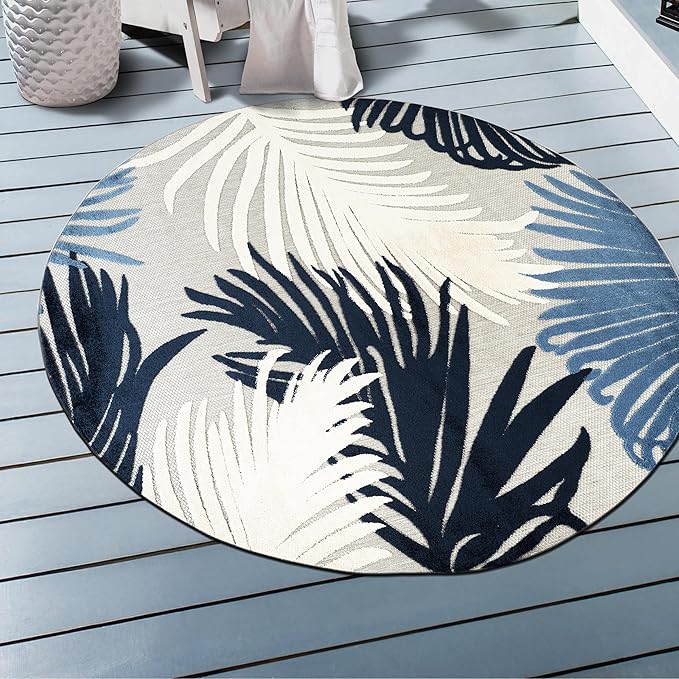 Rugshop Navy Lucca Contemporary Floral Indoor/Outdoor Round Area Rug Durable Polypropylene, Weather Resistant, Easy to Clean Perfect for Patio, Backyard, Deck and Outdoor Lounge 8' Round