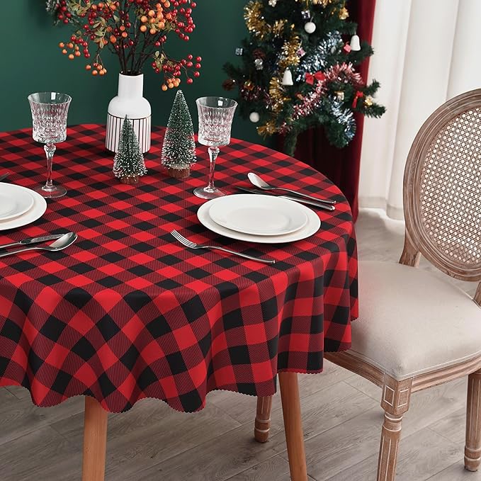 Waterproof Plaid Tablecloth Fabric - Round 120 Inch Classic Gingham Checker Table Cloth for Indoor/Outdoor Use - Buffalo Table Cover for Picnics, BBQs, and Parties