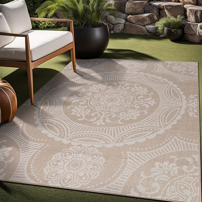 Medallion Outdoor Rug 10x14 Washable Outside Carpet for Indoor Patio Porch Waterproof Easy Cleaning Non Shedding Area Rugs Beige 10 x 14