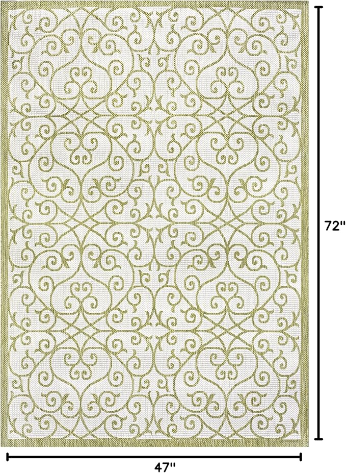 JONATHAN Y Vintage Filigree Indoor Outdoor Area Rug 4X6 Green/Cream, Madrid Textured Weave for Backyard, Patio, Porch, Easy-Cleaning, High Traffic, Pet-Friendly, Non-Shedding (SMB107H-4)